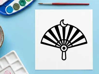 Leque minimalista de Halloween com lua crescente e estrela. Leque preto e branco para decoração de festas assustadoras e acessórios góticos.