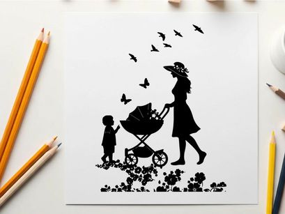 Silhouette of woman pushing stroller with child and birds
