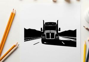 Silhouette of a semi truck driving on a highway with mountains