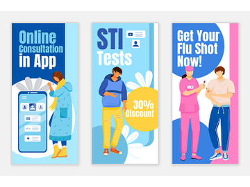 Online consultation in app flyers flat vector templates set preview picture