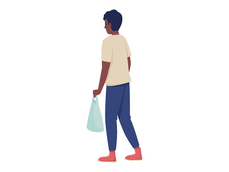 Young man in casual outfit with plastic bag semi flat color vector character