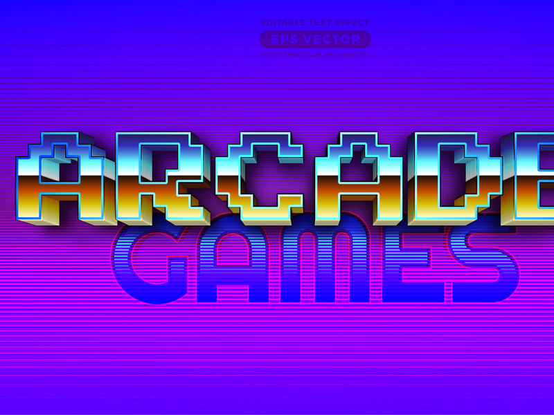 Arcade games retro editable text effect style with vibrant theme concept for trendy flyer, poster and banner template promotion