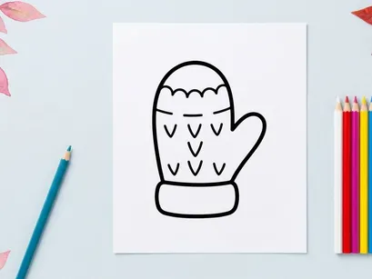Hand-drawn Halloween mitten with spooky stitches waving. Cartoon winter glove featuring playful monster face for festive crafts.