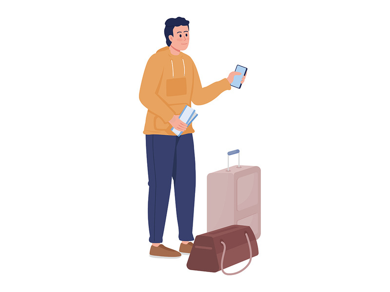Young man with luggage bags and flight ticket semi flat color vector character