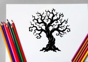Silhouette of a leafless, twisted tree with gnarled branches