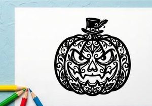 Abóbora de Halloween com rosto esculpido e chapéu de bruxa para comemorações assustadoras