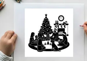 Family in silhouette celebrating around christmas tree by fireplace