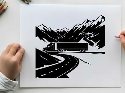 Truck driving through mountains silhouette on a winding road