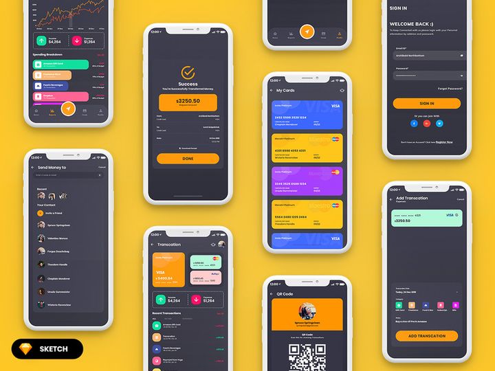 Finance Mobile App Template UI Kit Dark Version (SKETCH)