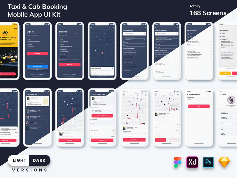 Taxi Booking Mobile App UI Kit (Light & Dark)