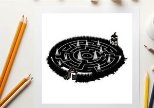 Silhouette of a person standing in a mysterious maze with pyramids silhouette