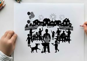 Patriotic backyard bbq silhouette on 4th of july with family and fireworks