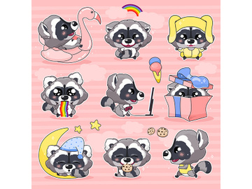 Cute raccoon kawaii cartoon vector characters set preview picture