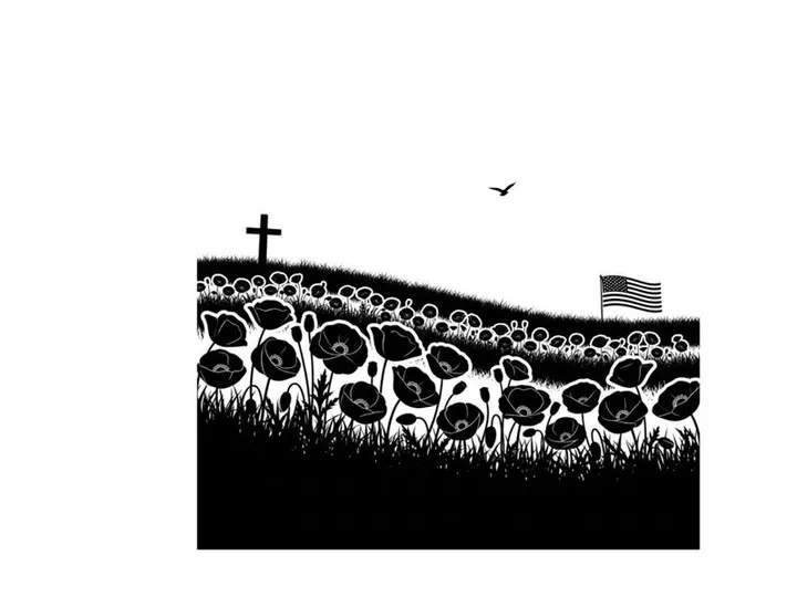 Silhouette of poppies cross and american flag on a hill