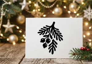 Black silhouette of a pine branch with berries for Christmas holiday design elements.