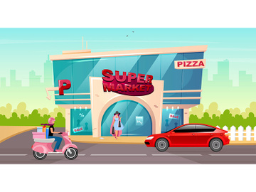Supermarket entrance in city center flat color vector illustration preview picture
