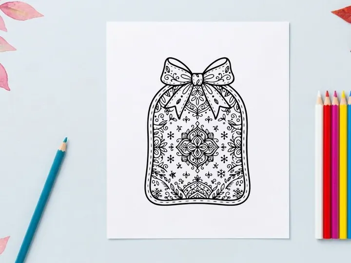Christmas gift tag with ornate mandala pattern and bow, black and white line art drawing.
