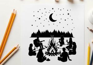 Silhouette of friends gathered around campfire under starry night sky with crescent moon