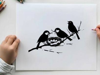 Silhouette of birds on a flowering branch with nest