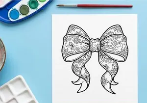 Decorative Christmas bow with floral pattern line art illustration for holiday design.