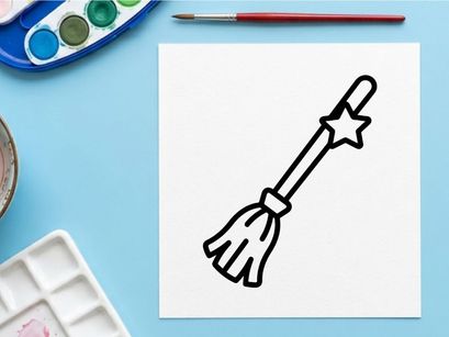 Witch broomstick icon with star. Halloween magic broom symbol for holiday design.