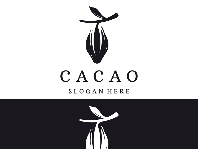Chocolate cocoa pod plant logotype design, cocoa bean, exotic organic plant isolated background.