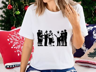 Black and white illustration of a group of people standing in a line