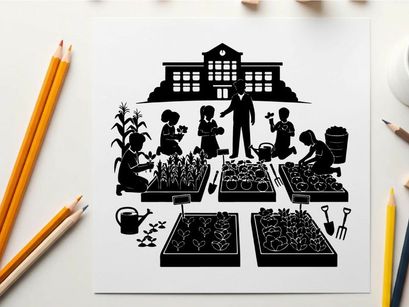 Silhouette of a man and children gardening in front of a school