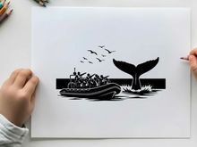 Whale tail silhouette emerging from ocean with boat and birds