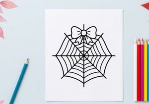 Hand-drawn Halloween spider web with bow. Classic black and white cobweb illustration for festive decor.