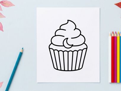 Hand-drawn cupcake with swirl frosting and sprinkles. Sketch-style dessert illustration for baking, party, or food design projects.