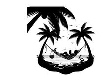 Couple relaxing in hammock between palm trees silhouette