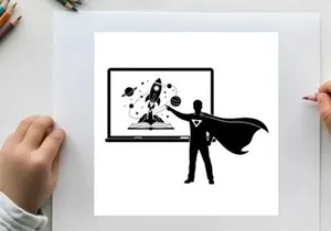 Silhouette of a superhero presenting a rocket on a screen