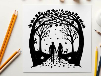 Romantic silhouette of couple holding hands in forest with deer and trees