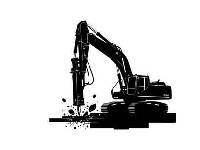 Silhouette of excavator breaking ground with jackhammer attachment