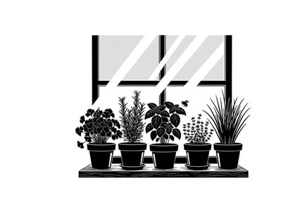 Silhouette of plants on a windowsill with a sunny view outside