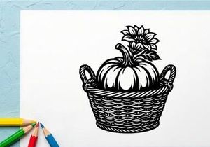 Schwarz-weiß-Illustration einer Kürbisdarstellung mit Blumen in einem geflochtenen Korb