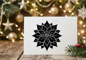 Black and white poinsettia flower icon, minimalist Christmas floral vector illustration.