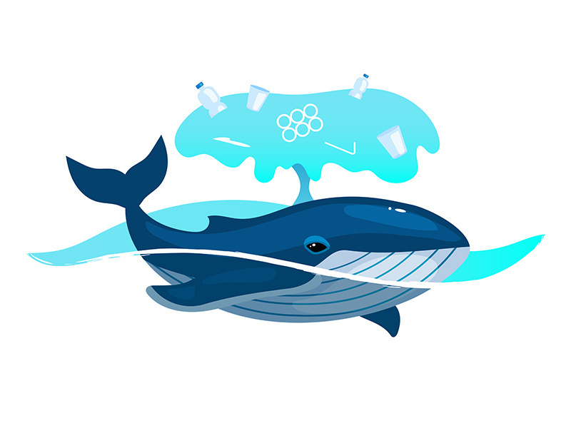 Whale in ocean with plastic waste flat concept icon