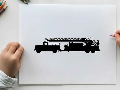 Silhouette of a large fire truck with ladder
