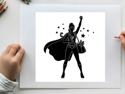Empowered woman silhouette with cape and stars