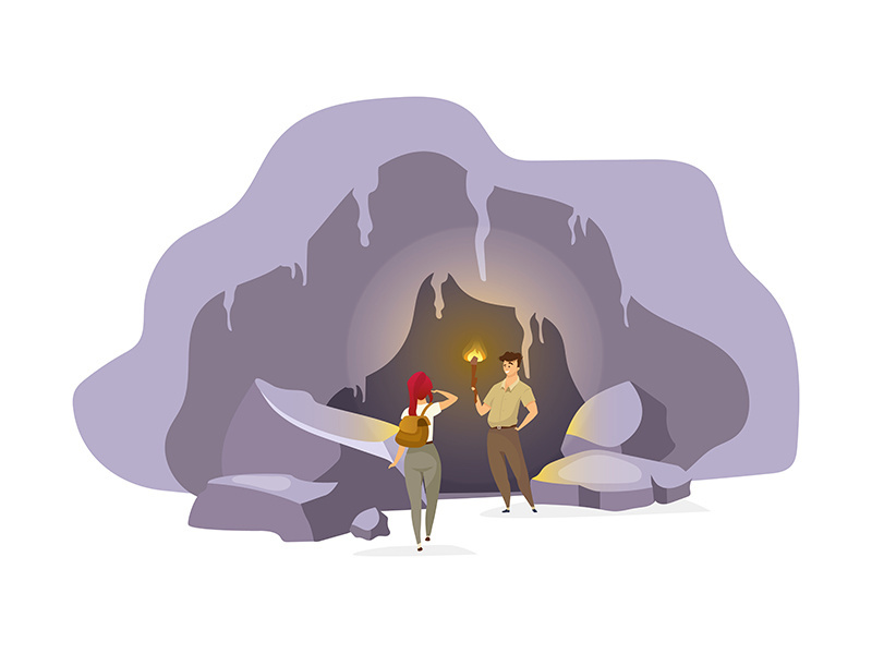 Explorers in cave flat vector illustration