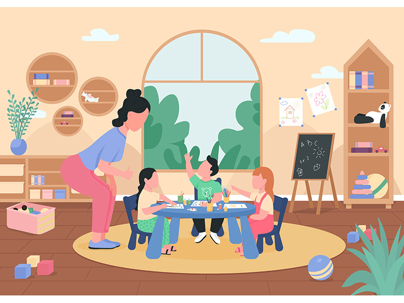 Art class in kindergarten flat color vector illustration