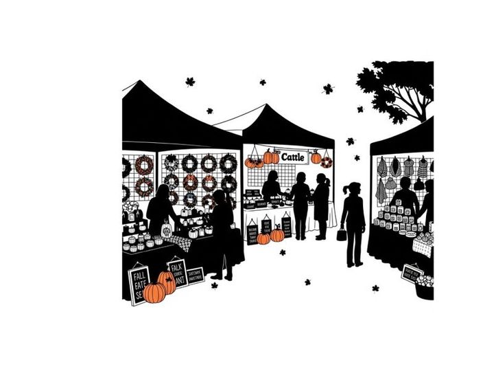 Silhouette of people at a vibrant outdoor market with tents and goods