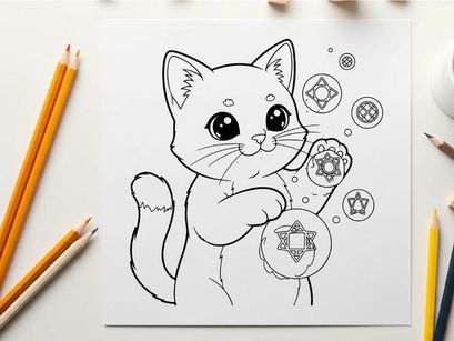 Cute cat with magic symbols vector illustration