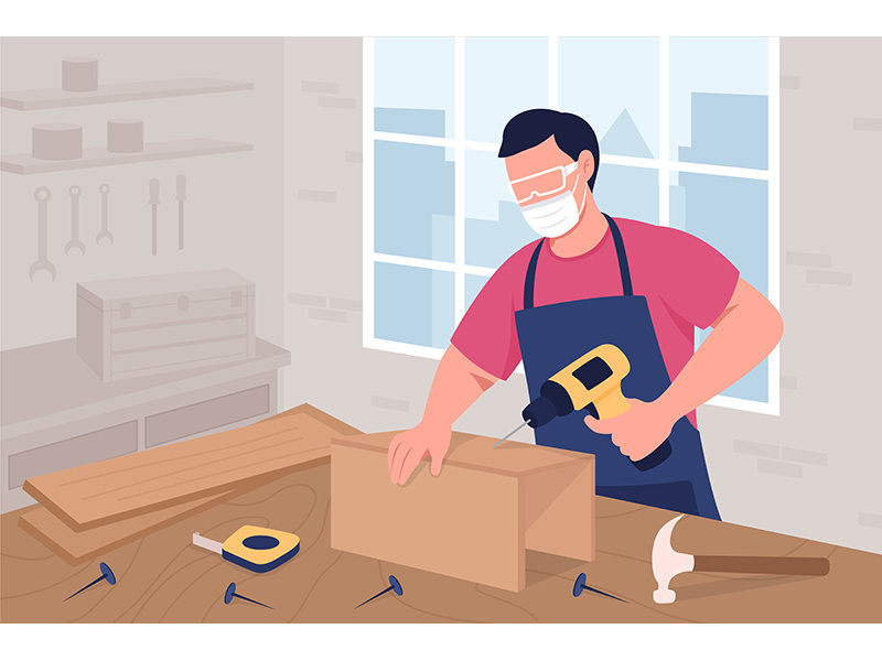Male carpenter in mask and protective glasses at work flat color vector illustration