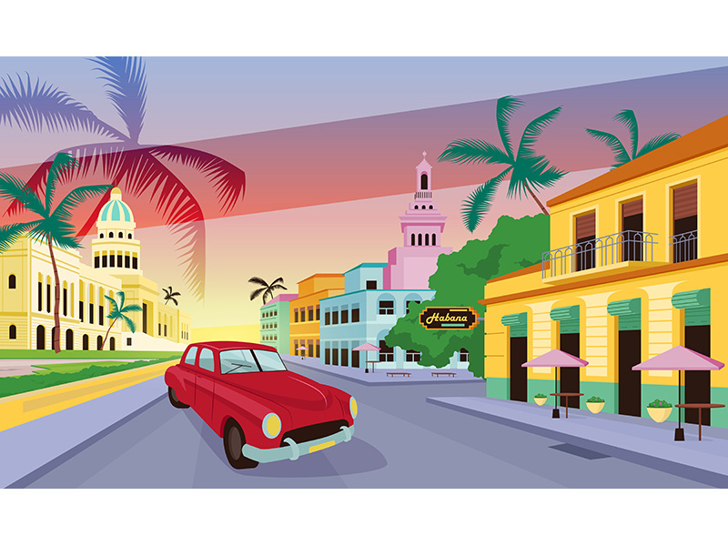 Havana landscape flat color vector illustration
