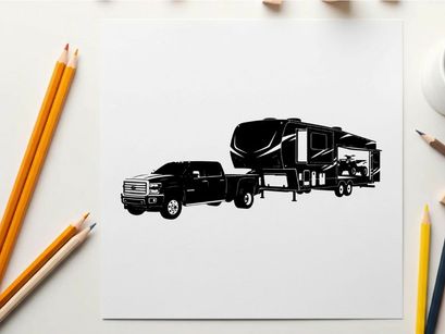 Silhouette of a pickup truck towing a large rv