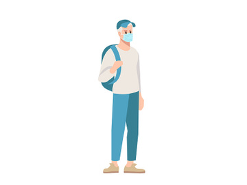 College student in surgical mask semi flat RGB color vector illustration preview picture