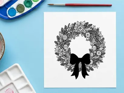 Hand drawn Christmas wreath with red bow isolated on white background
